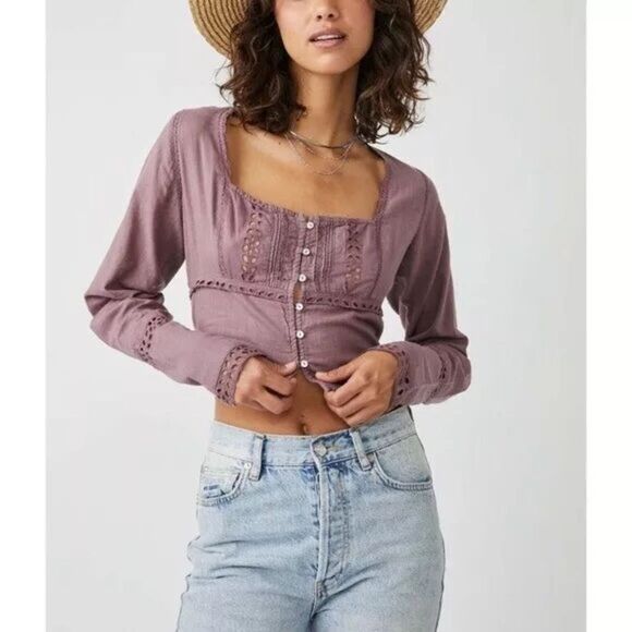 Free People Tops - FREE PEOPLE Joi Purple Cropped Button Front Top Eyelet‎ Long Sleeve Cotton New
